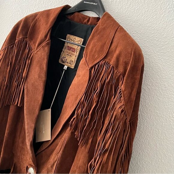 NWT VTG Leather Frontier Collection Western Boho Fringe Concho Brown 80’s Coat L - Picture 9 of 16